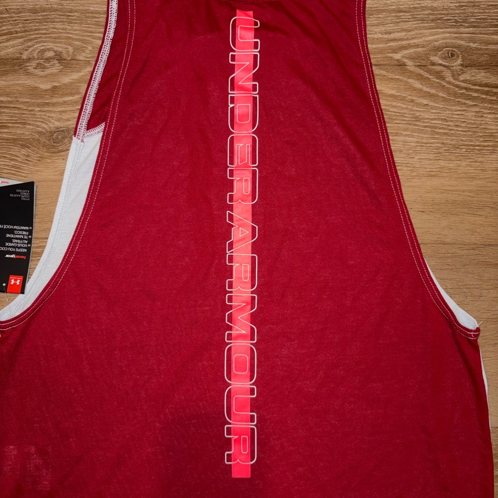 Under Armour Tank Top Mens Medium Red White HeatGear Athletic Gym Shirt NWT - Picture 9 of 11
